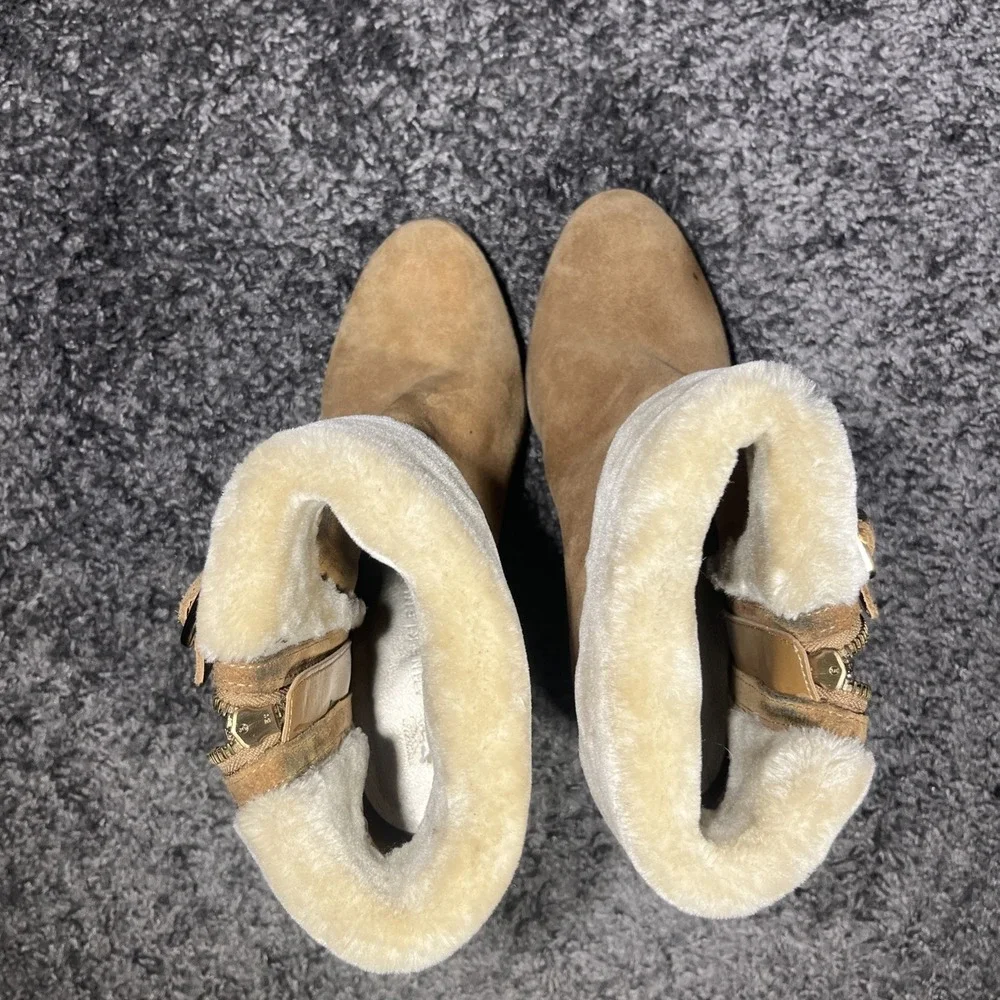 Annie Klein Tan 9.5 Leather Rolled Top Faux Fur Heel‎ Bootie Side Zip